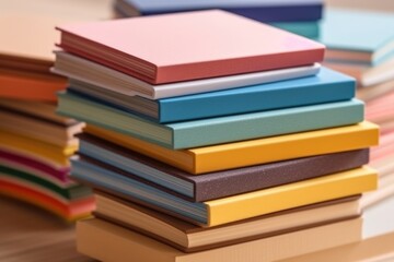 Colored books background in the light of morning.Yellow,red, green, brown book stack. AI Generative