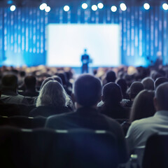 Blurred Speaker giving a talk at business meeting. Rear view of Audience in the conference hall unrecognized participant in audience