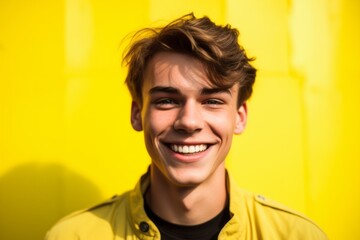 Headshot portrait photography of a beautiful boy in his 20s winking against a bright yellow background. With generative AI technology