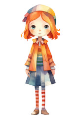 Cute girl doll cartoon character illustration in a pretty dress with striped socks, watercolor isolated on white or transparent background. Generative AI