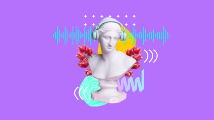 Music vibe. Antique statue bust in headphones against purple background with abstract elements. Dj....
