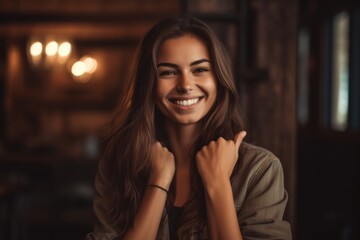 Fototapeta premium Close-up portrait photography of a glad girl in her 20s making a peace and love gesture with the fingers against a rustic brown background. With generative AI technology