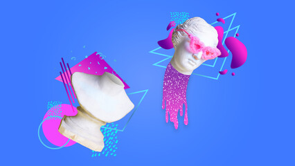 Antique statue bust in sunglasses against blue background with abstract elements. Breaking away....
