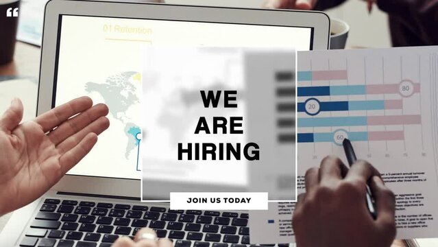 we are hiring, join us today - text animation with background image of working with team.