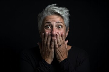 Headshot portrait photography of a tender mature woman making a surprise gesture by covering one's mouth against a dark grey background. With generative AI technology
