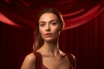 Fototapeta premium Close-up portrait photography of a glad girl in her 30s posing as if dancing against a rich maroon background. With generative AI technology