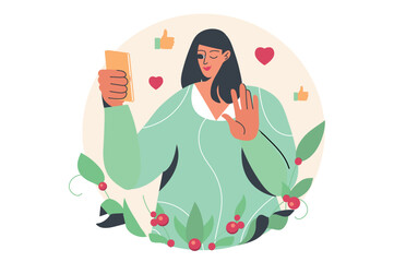 Blogger concept with people scene in the flat cartoon design. A blogger shoots a video on her phone for her followers. Vector illustration.