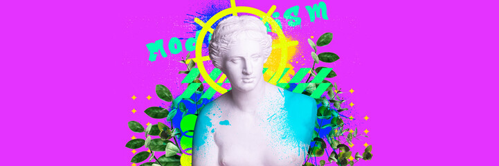 Modernism. Antique statue bust against pink background with abstract elements. Contemporary art collage.