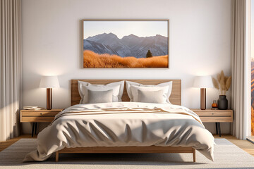 Modern bedroom, and living room in a contemporary house, with a 3D mockup canvas frame on the wall, Generated with AI