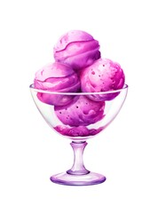 Glass of purple ice cream balls on white background in watercolor style. Generative AI.