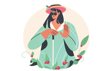 Disabled people concept with people scene in the flat cartoon design. A girl with disabilities speaks in sign language. Vector illustration.