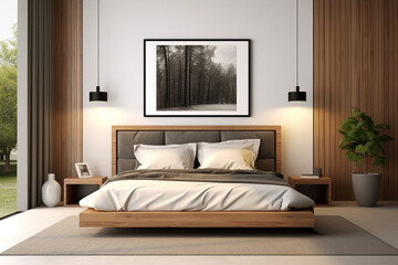 Modern bedroom, and living room in a contemporary house, with a 3D mockup canvas frame on the wall, Generated with AI