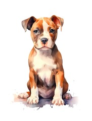 Pit Bull Terrier puppy on white background in watercolor style. Generative AI.