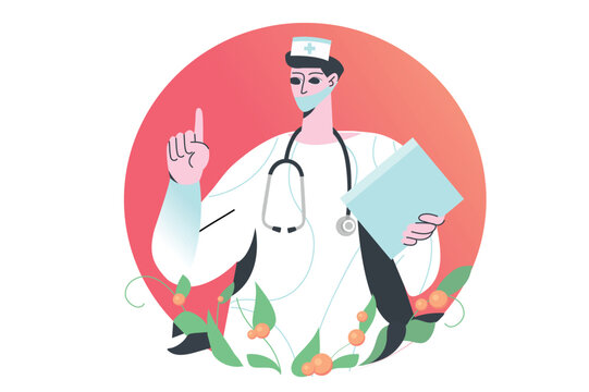 Doctor concept with people scene in the flat cartoon style. The doctor tells how to protect your health from diseases. Vector illustration.