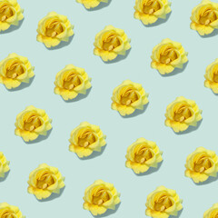 Yellow roses flower pattern on gray blue pastel background. Minimal nature concept. Flat lay.