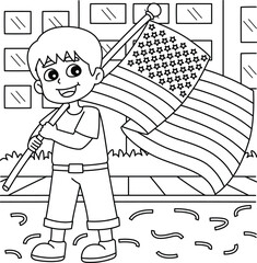 4th of July Boy Holding an American Flag Coloring