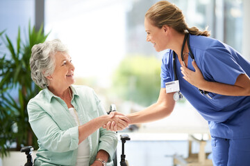 Handshake, nurse and senior advice in wheelchair with medical results and surgery success news....
