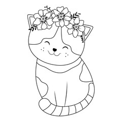 Сute smiling cat with wreath of flowers. Smiling cat.