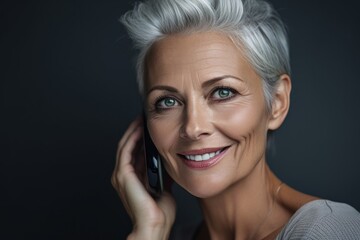 Close-up portrait photography of a glad mature woman talking on the phone against a metallic silver...