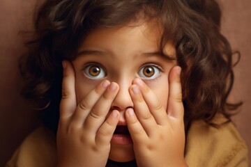 Close-up portrait photography of a glad kid female putting hands on the face in a gesture of terror against a beige background. With generative AI technology - obrazy, fototapety, plakaty