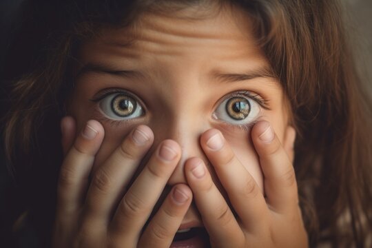 Close-up portrait photography of a glad kid female putting hands on the face in a gesture of terror against a beige background. With generative AI technology