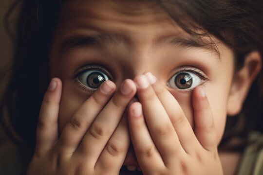 Close-up portrait photography of a glad kid female putting hands on the face in a gesture of terror against a beige background. With generative AI technology