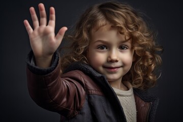 Close-up portrait photography of a glad kid female waving with the hand against a cool gray background. With generative AI technology
