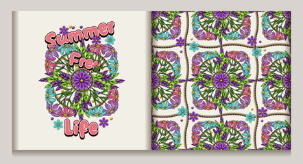 Summer label, pattern with chamomile bouquet, feathers, text. Groovy, hippie retro style. For clothing, apparel, T-shirts, surface decoration
