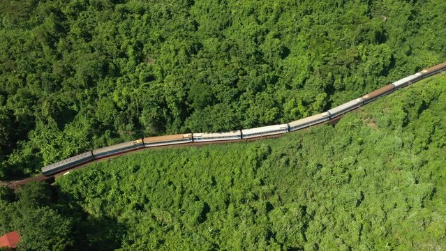  Trains movement aerial view. The movement of trains at Hai Van pass, Da Nang, Vietnam