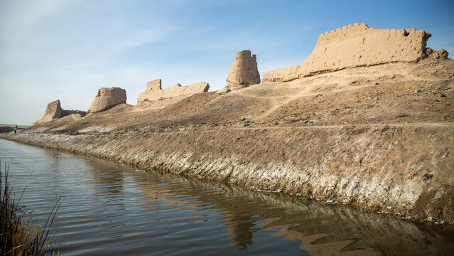old castle covered by the water in uzbekistan