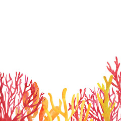 Watercolor coral reef frame banner copy space hand drawn sea ocean natural algae, polyp coral plants seaweed marine living organism grass plant leaves.