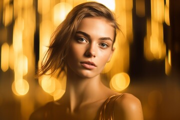 Headshot portrait photography of a beautiful girl in her 20s posing as if dancing against a gold background. With generative AI technology