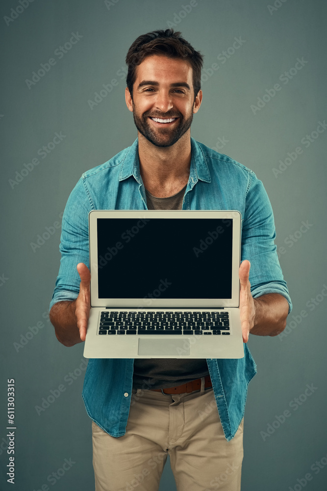 Poster happy man, laptop and portrait with mockup screen for advertising or marketing against grey studio b