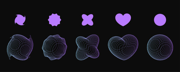 Editable stroke, futuristic set in trendy style. Surreal geometric shapes, and patterns, wireframe.