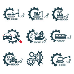 A set of vector logos of construction equipment and tools.