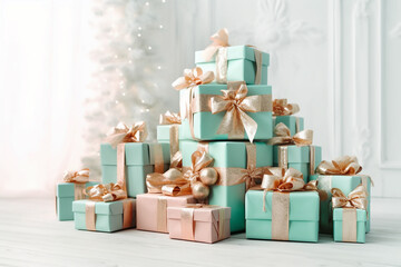 Christmas trees, mint and pink gift boxes with golden bows in white interior. Generative AI