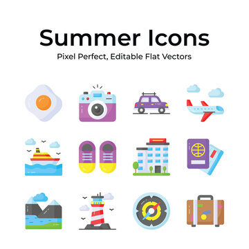 Celebrate the sunny season with a diverse set of summer icons, easy to use and download vectors