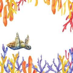 Watercolor coral reef hand drawn sea ocean natural algae, polyp coral plants seaweed marine living...