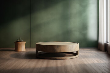 Round wooden coffee table podium, black steel leg, sage green suede leather sofa in sunlight on concrete wall, background 3D. generative AI