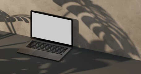 Black NoteBook mock-up. on , with animated monstera shadow wash on the concrete wall. A visual masterpiece for showcasing your designs, presentations, or creative projects in a visually striking.