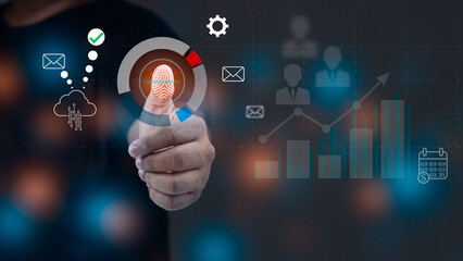 Businessman touching on virtual icons of sales strategy and analyzing