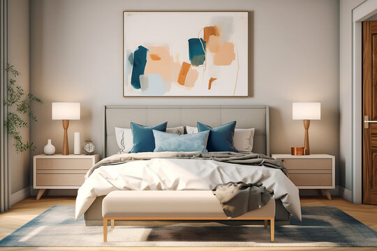 Modern bedroom, and living room in a contemporary house, with a 3D mockup canvas frame on the wall, Generated with AI