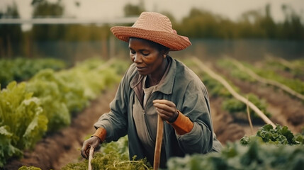 African American farm female worker harvesting raw veggies on the farm.  - obrazy, fototapety, plakaty