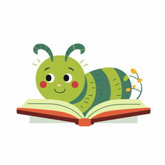 caterpillar reading a book - childrens drawing - flat vector art