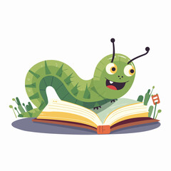 caterpillar reading a book - childrens drawing - flat vector art