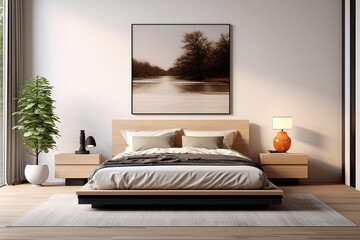 Fototapeta na wymiar Modern bedroom, and living room in a contemporary house, with a 3D mockup canvas frame on the wall, Generated with AI