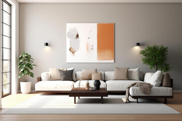 Fototapeta na wymiar Modern bedroom, and living room in a contemporary house, with a 3D mockup canvas frame on the wall, Generated with AI