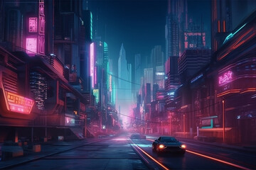 Futuristic cyberpunk city with blue and pink light trail. Concept sci fi downtown at night with skyscraper, highway and billboards. 3D illustration ai generated