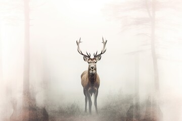 Deer in the foggy forest double exposure illustration - Generative AI.