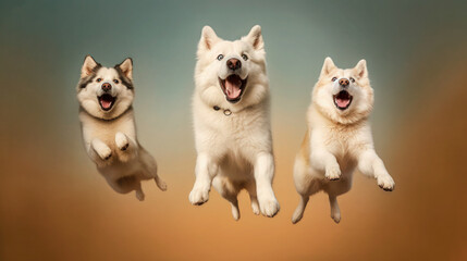 Vibrant Background, Active Canines: Siberian Huskies Jumping for Treats - Generative AI